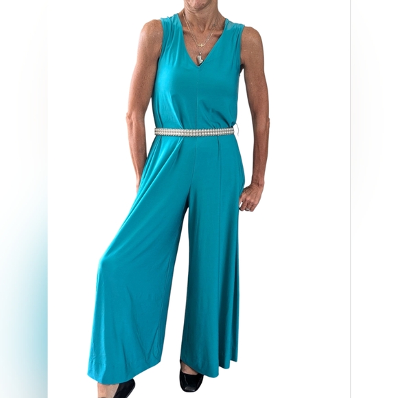 Coldesina Teal Wide Leg Sleeveless Jumpsuit XS/S V Neck Lounge Resort - Picture 1 of 7